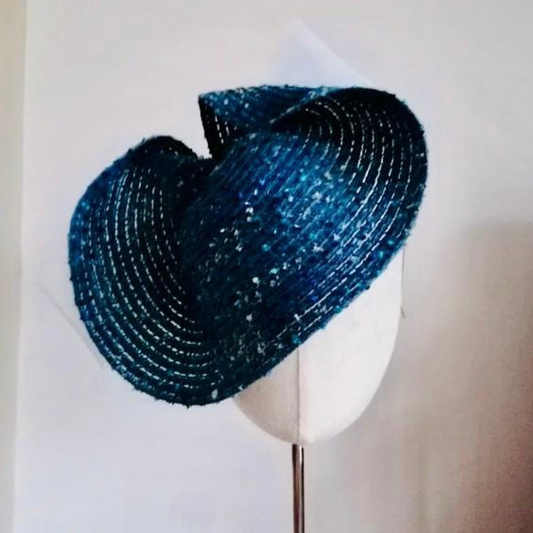 Blue and White Straw Saucer Cocktail Hat Millinery