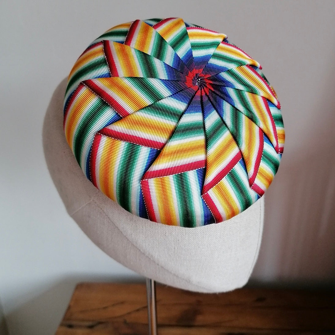 Rainbow Cockade Pleated Petersham Cocktail Hat Hand Blocked Mini Hat Millinery Fascinator