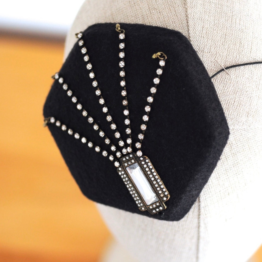 Art Deco Black Cocktail Hat Hexagon Mini Hat Wool Felt Millinery Fascinator