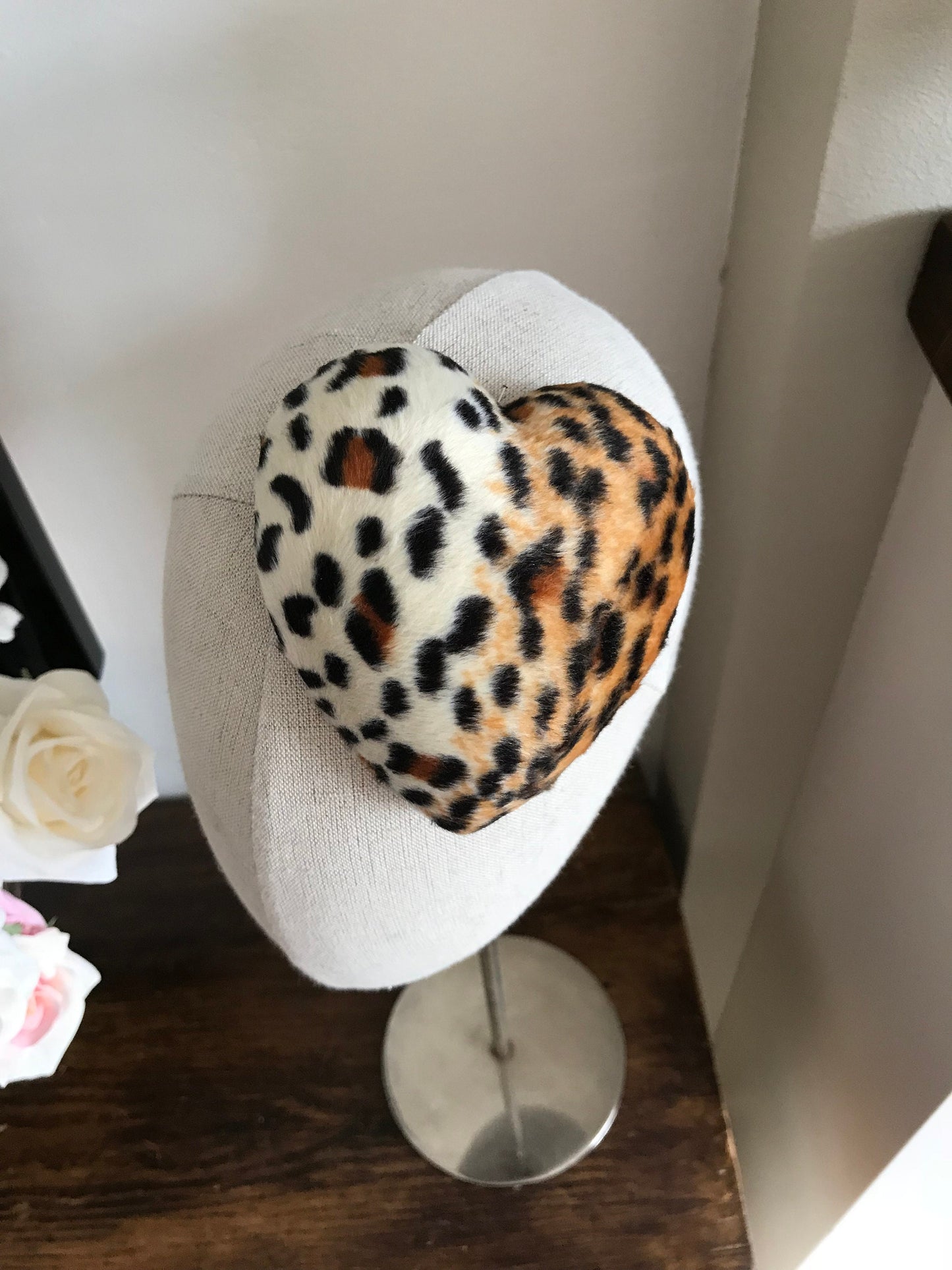 Mini Leopard Print Heart Cocktail Hat Faux Fur Millinery Fascinator