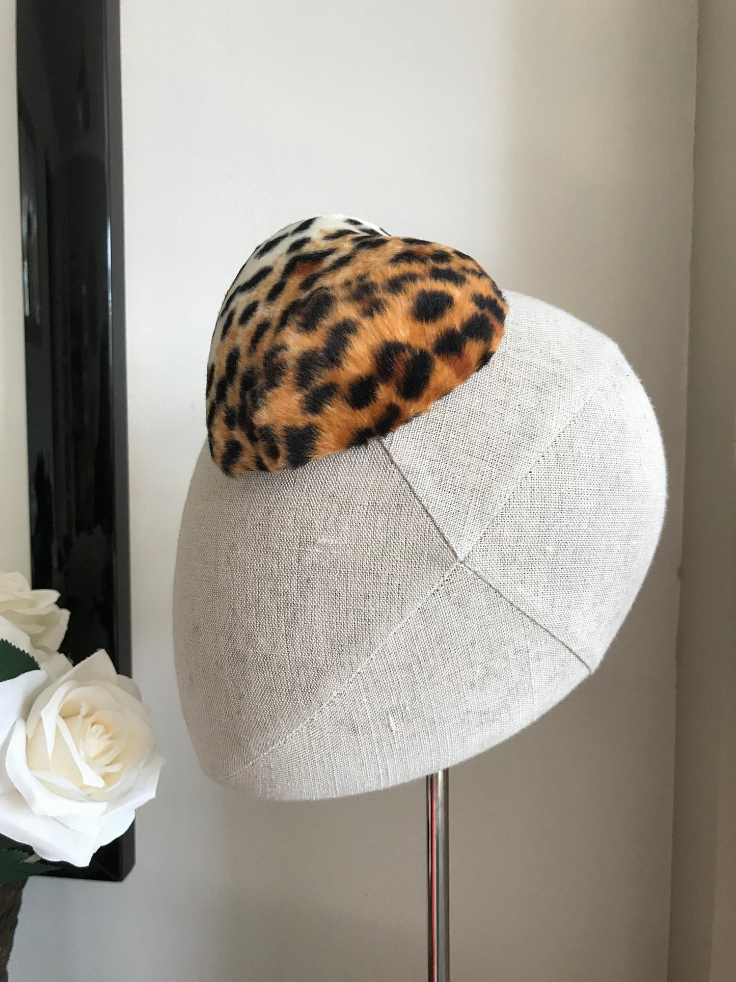 Mini Leopard Print Heart Cocktail Hat Faux Fur Millinery Fascinator
