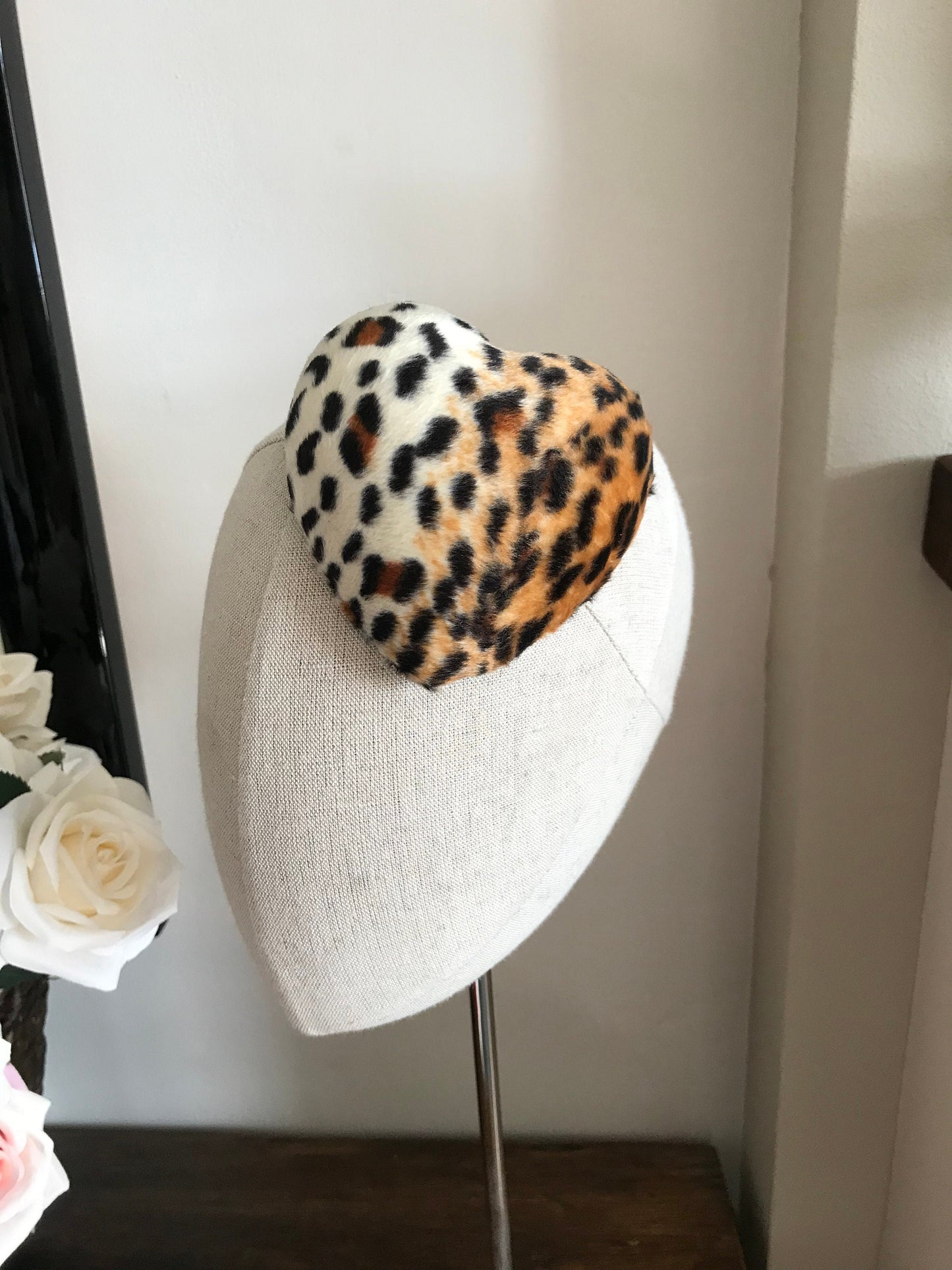 Mini Leopard Print Heart Cocktail Hat Faux Fur Millinery Fascinator