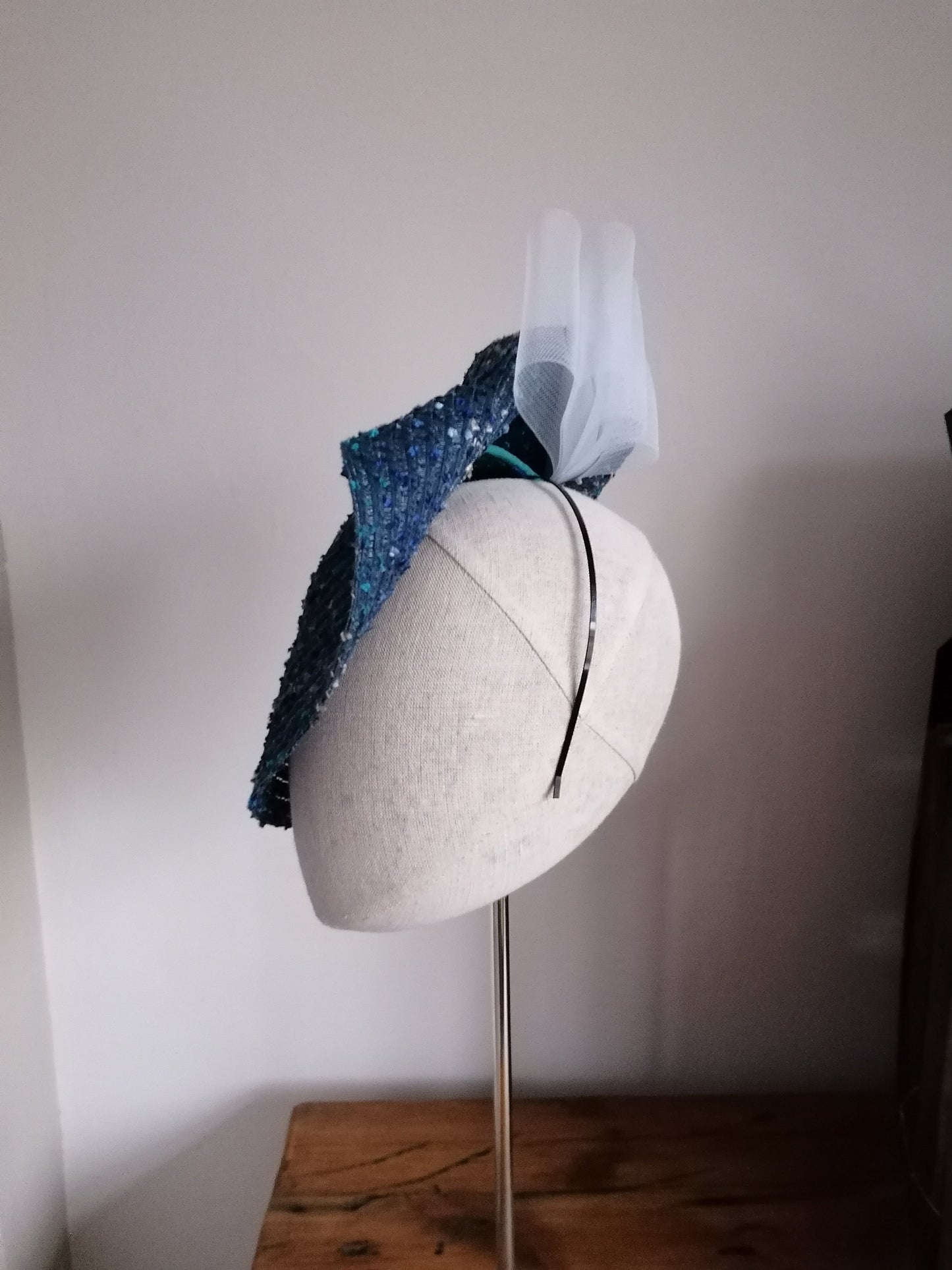 Blue and White Straw Saucer Cocktail Hat Millinery