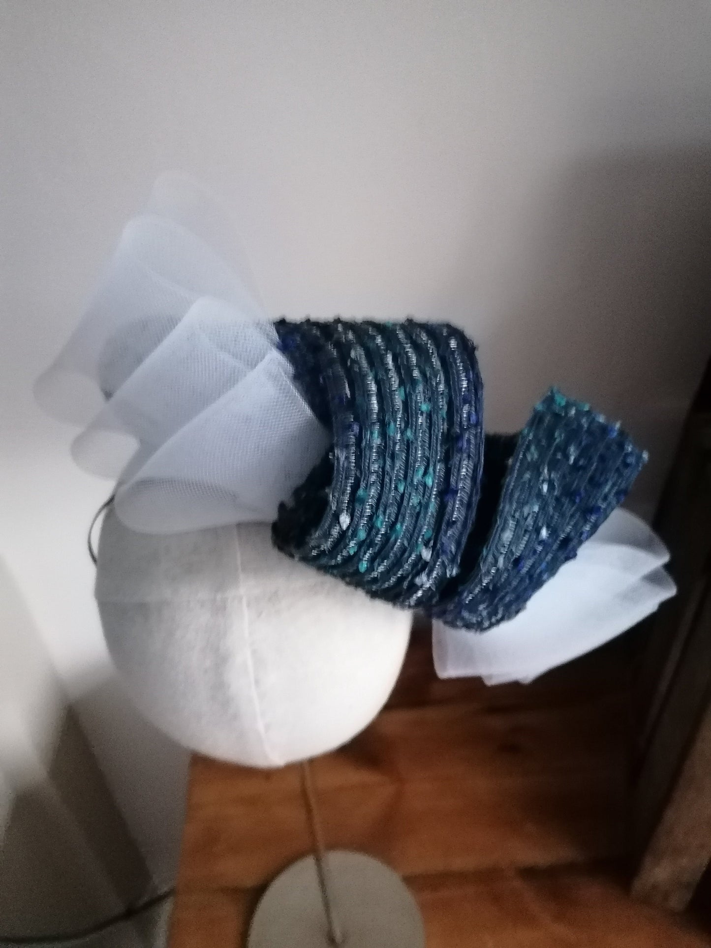 Blue and White Straw Saucer Cocktail Hat Millinery