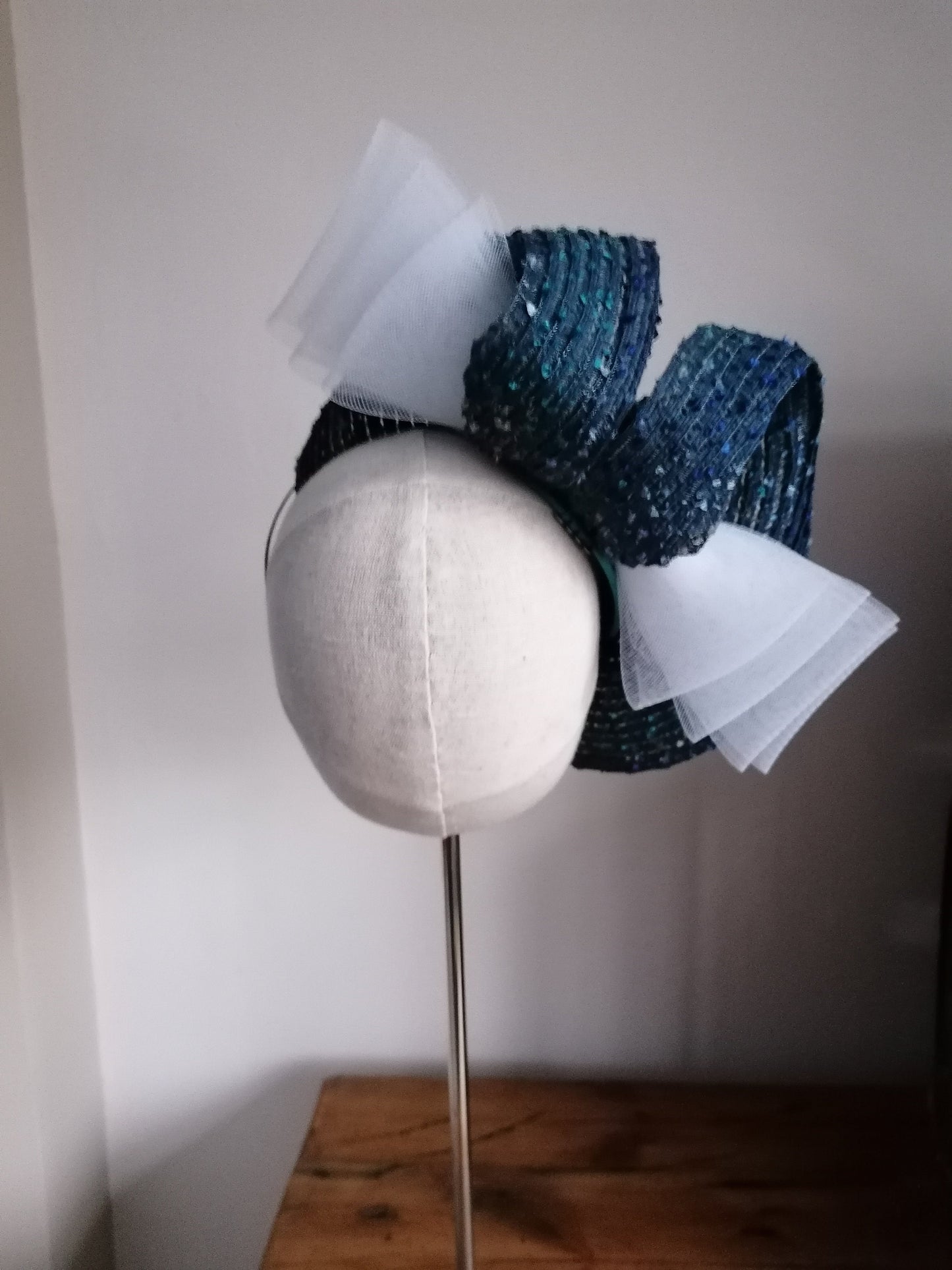 Blue and White Straw Saucer Cocktail Hat Millinery