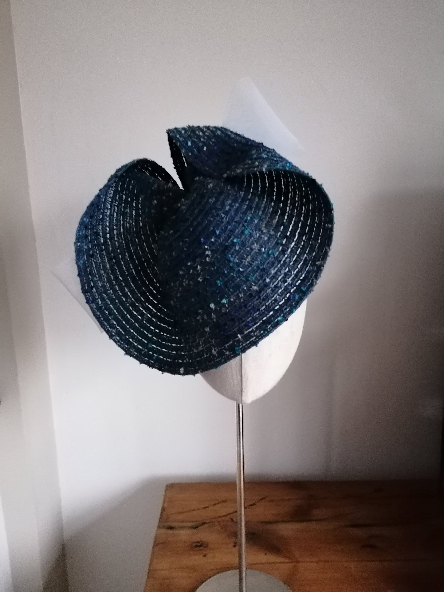 Blue and White Straw Saucer Cocktail Hat Millinery