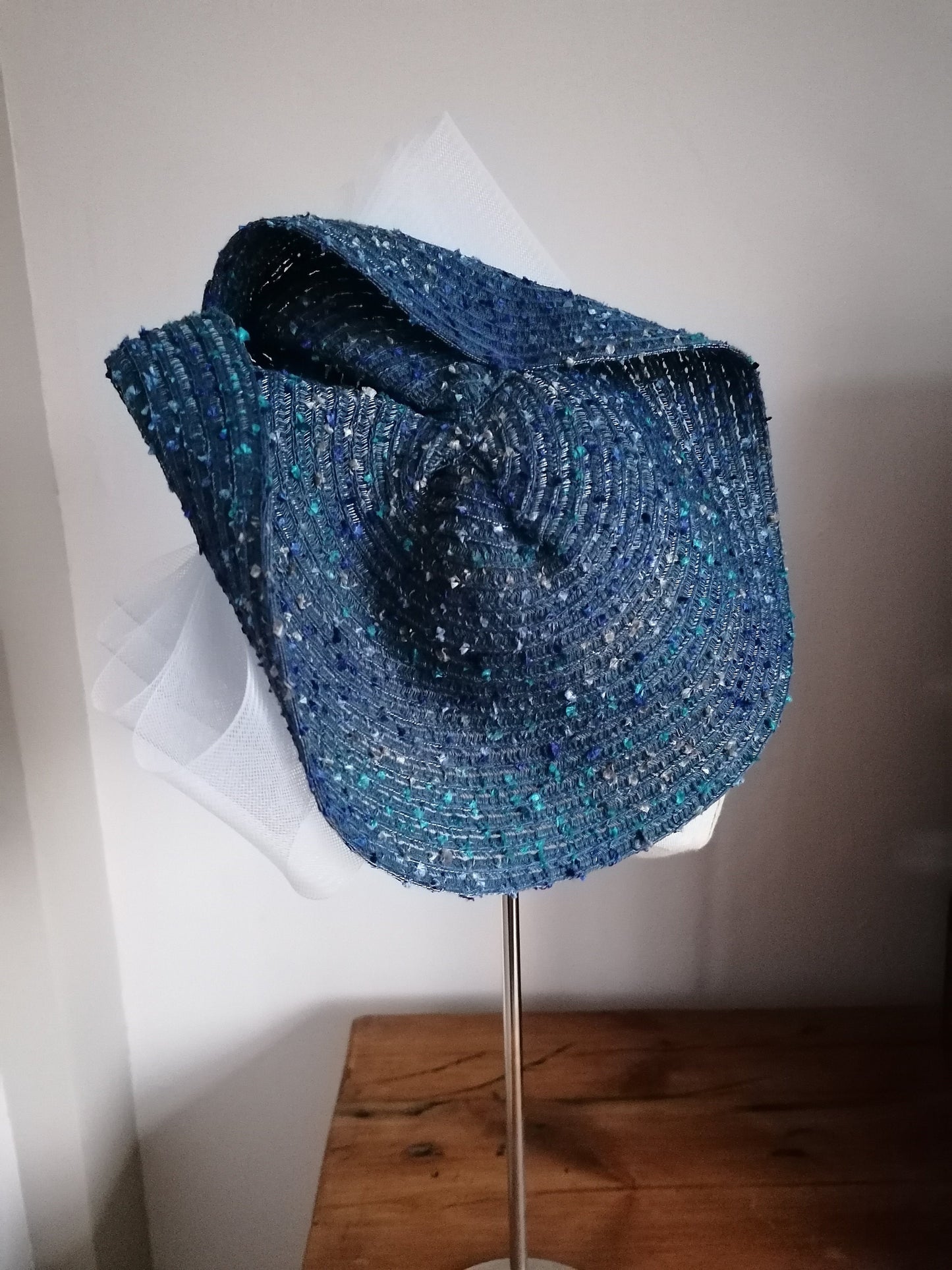 Blue and White Straw Saucer Cocktail Hat Millinery