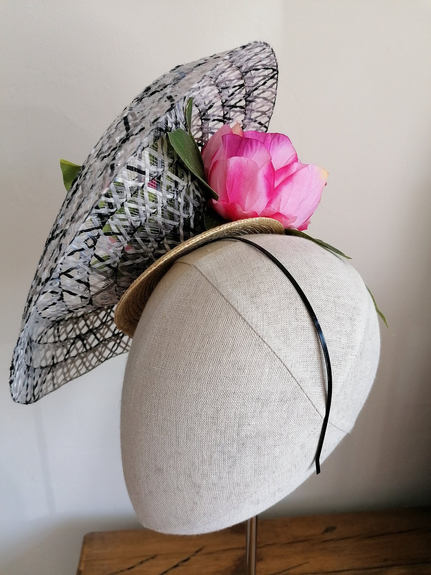 Black and White Straw Saucer Cocktail Hat Derby Millinery