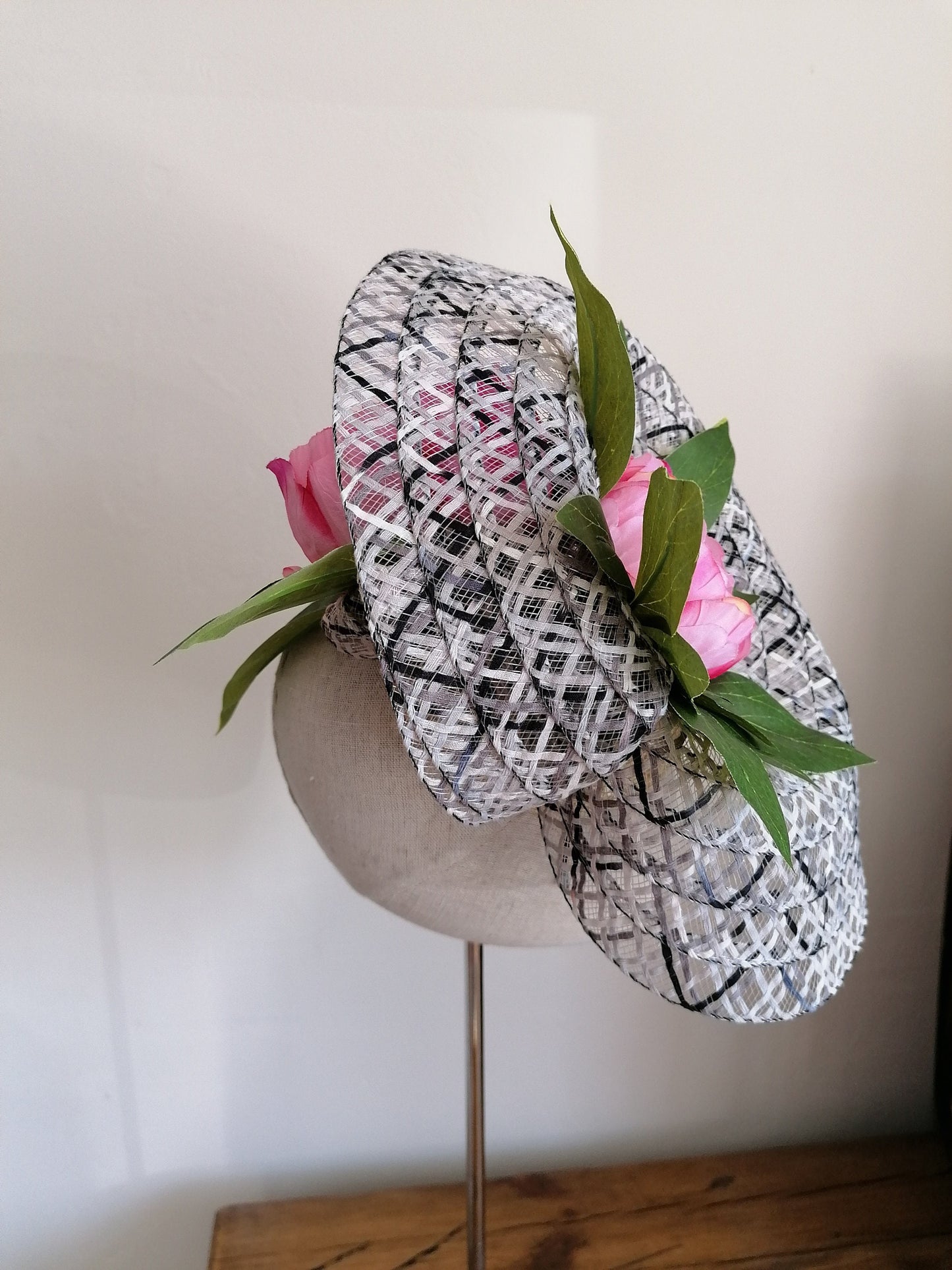 Black and White Straw Saucer Cocktail Hat Derby Millinery