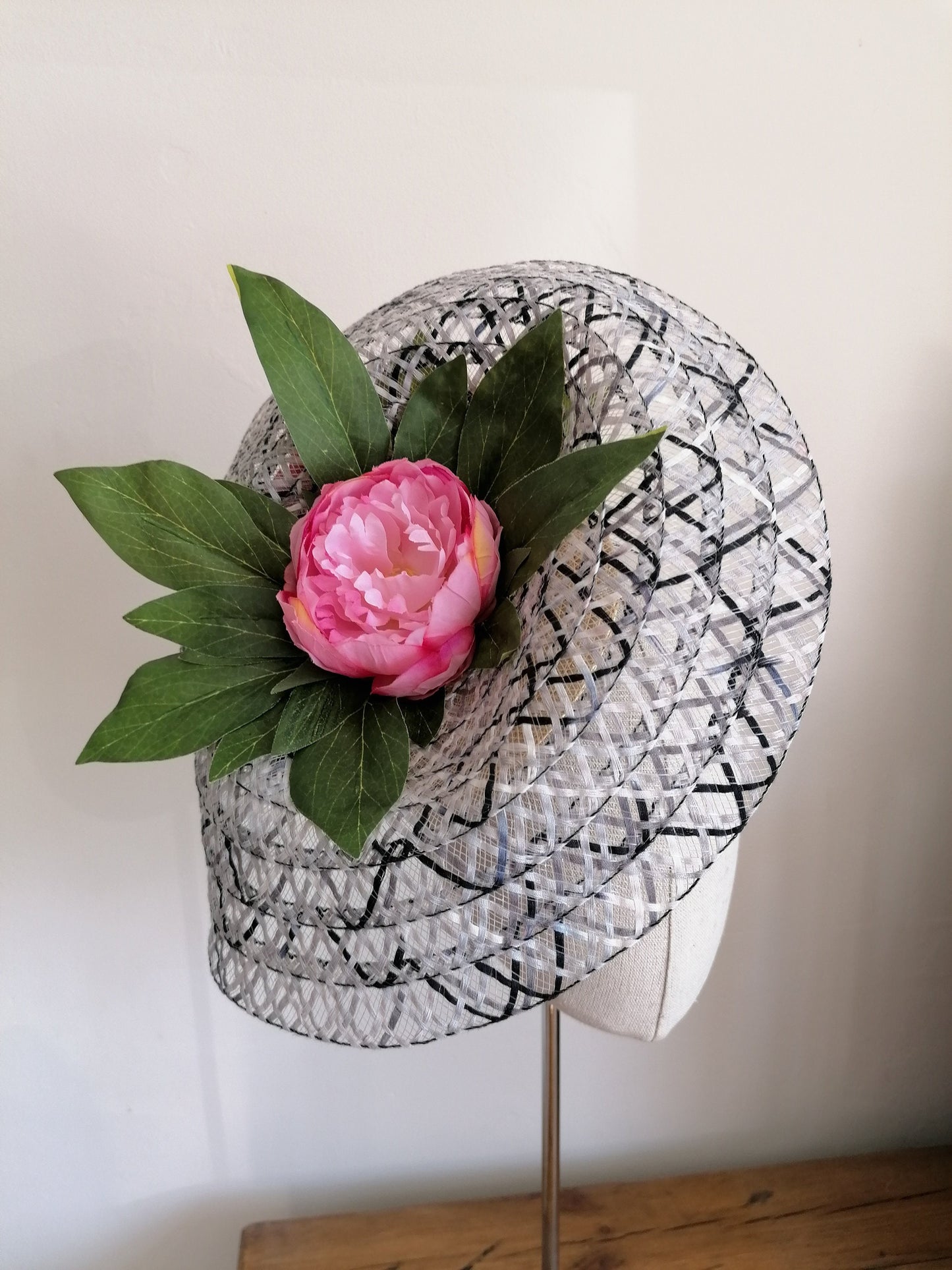 Black and White Straw Saucer Cocktail Hat Derby Millinery