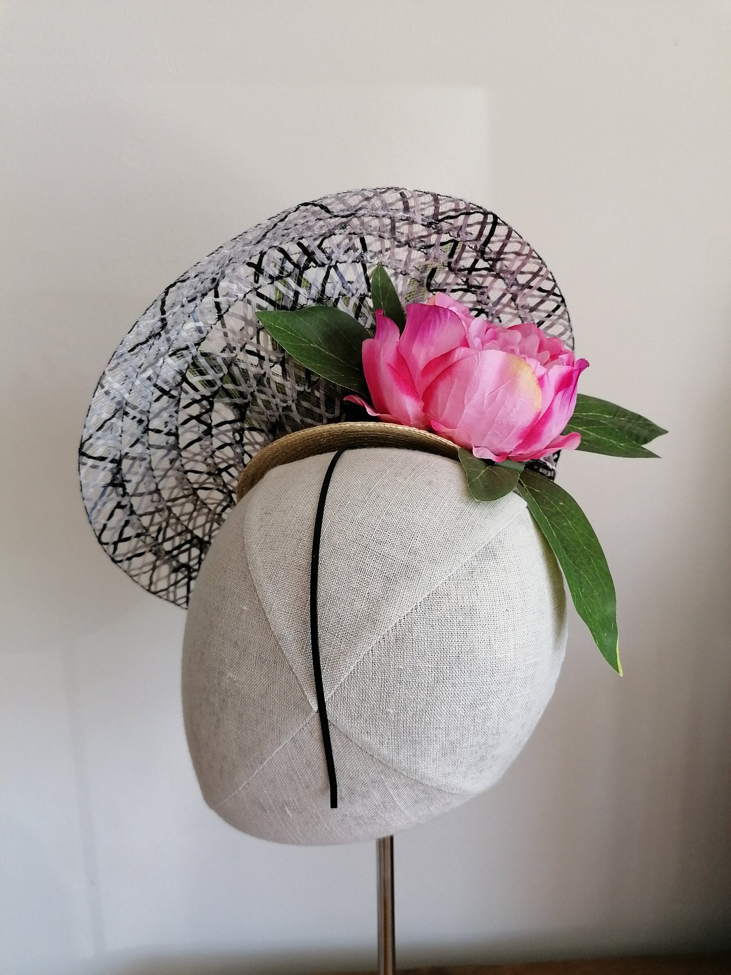 Black and White Straw Saucer Cocktail Hat Derby Millinery