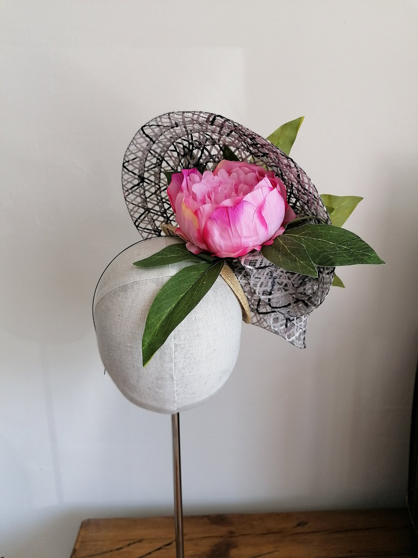 Black and White Straw Saucer Cocktail Hat Derby Millinery