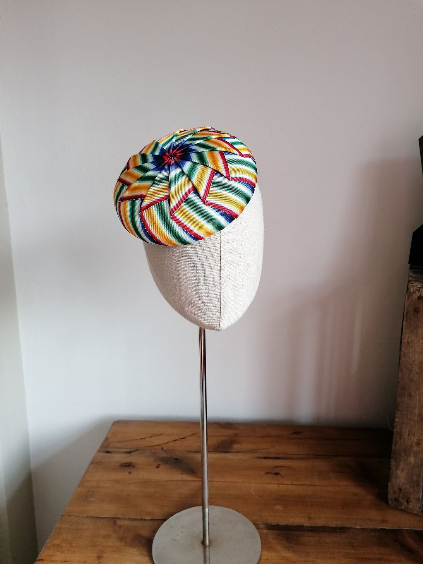 Rainbow Cockade Pleated Petersham Cocktail Hat Hand Blocked Mini Hat Millinery Fascinator