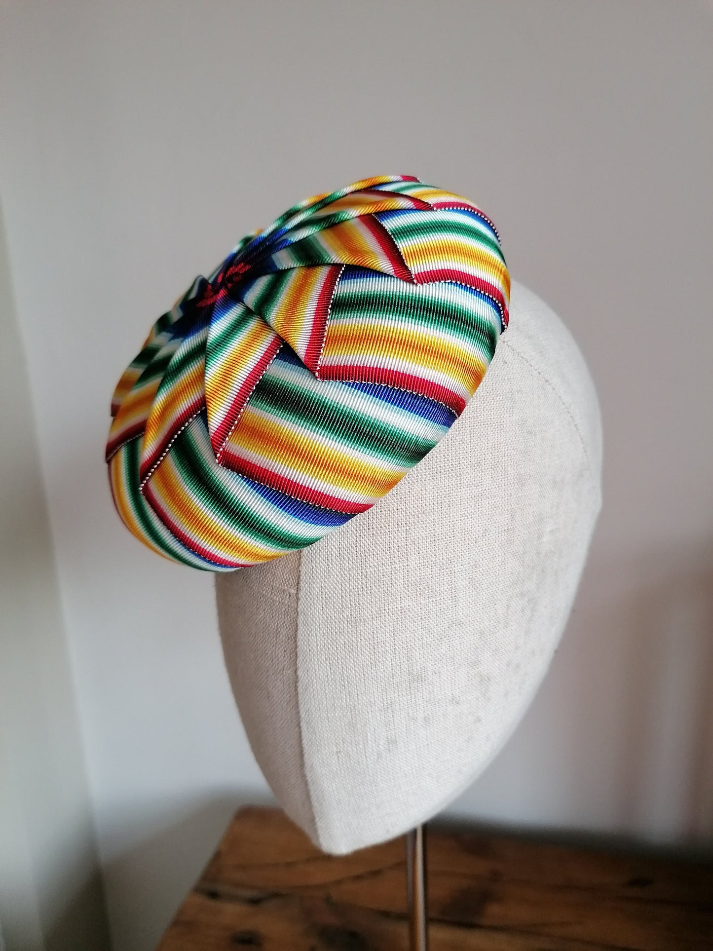 Rainbow Cockade Pleated Petersham Cocktail Hat Hand Blocked Mini Hat Millinery Fascinator