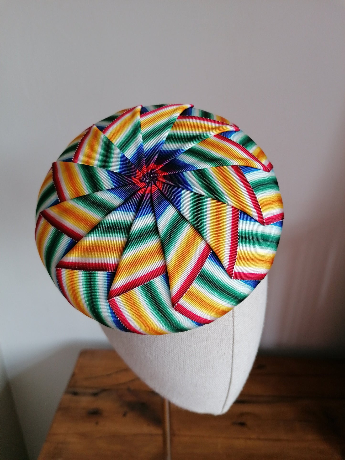 Rainbow Cockade Pleated Petersham Cocktail Hat Hand Blocked Mini Hat Millinery Fascinator