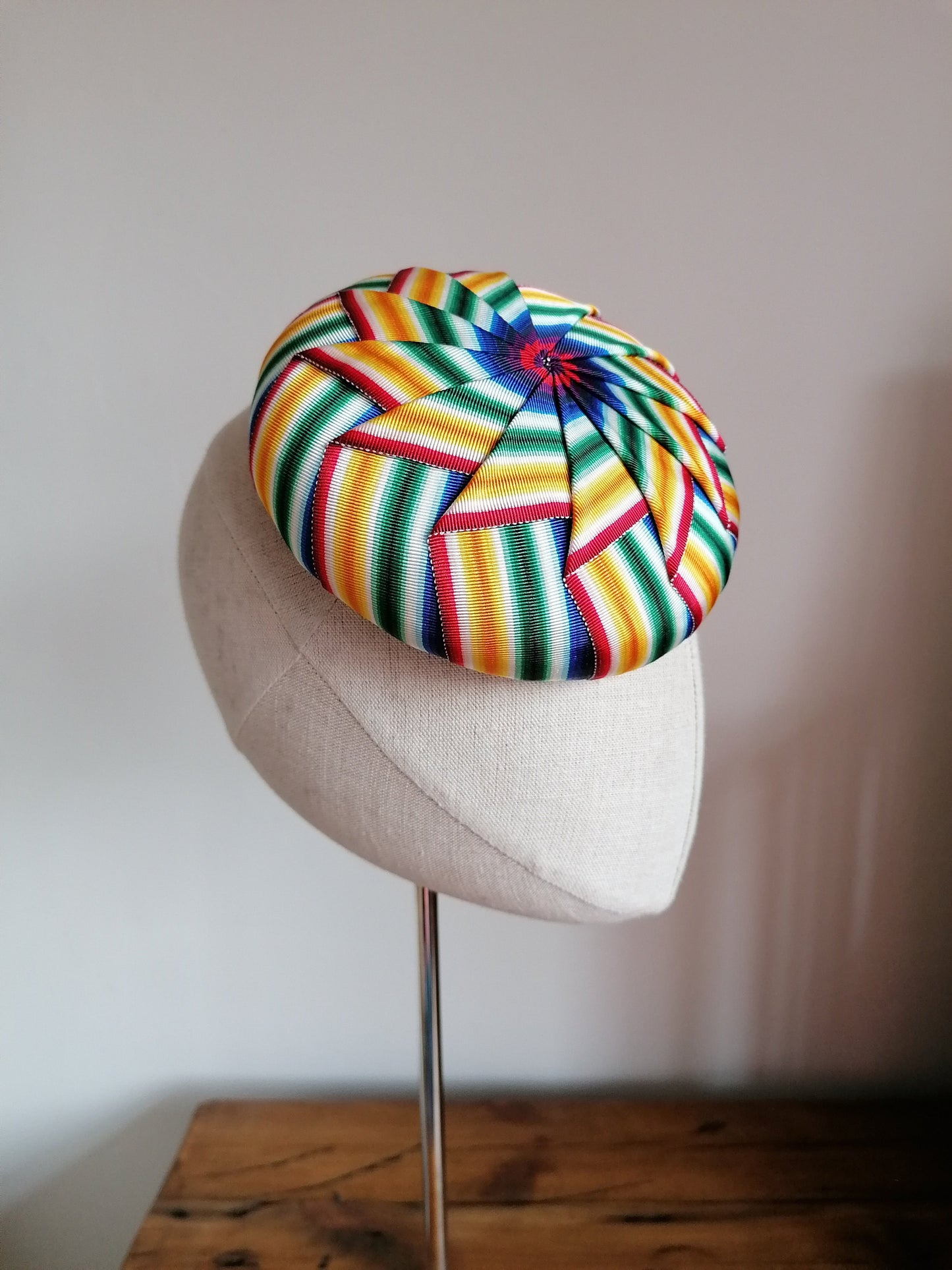 Rainbow Cockade Pleated Petersham Cocktail Hat Hand Blocked Mini Hat Millinery Fascinator