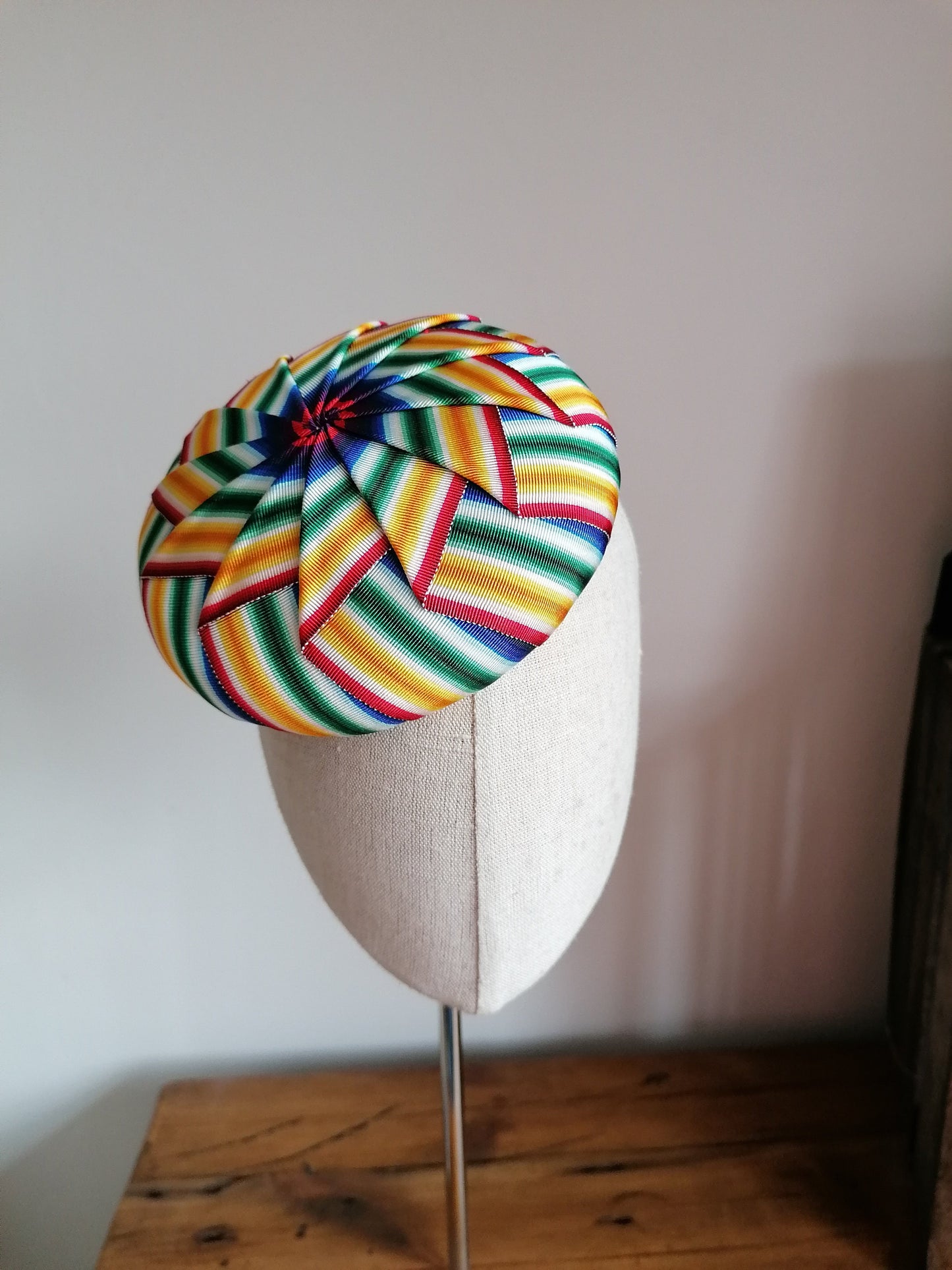 Rainbow Cockade Pleated Petersham Cocktail Hat Hand Blocked Mini Hat Millinery Fascinator
