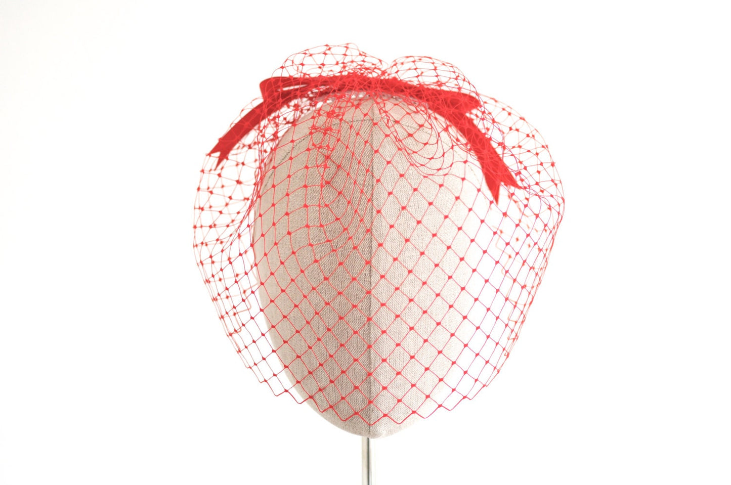 Red Birdcage Veil Vintage 12 Inch English Veiling Bow Back Alternative Blusher Veil