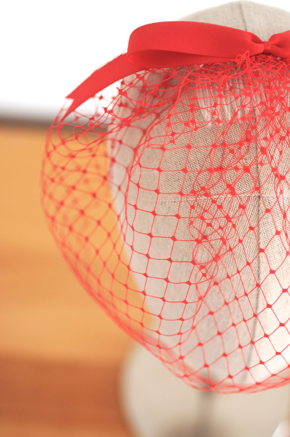 Red Birdcage Veil Vintage 12 Inch English Veiling Bow Back Alternative Blusher Veil
