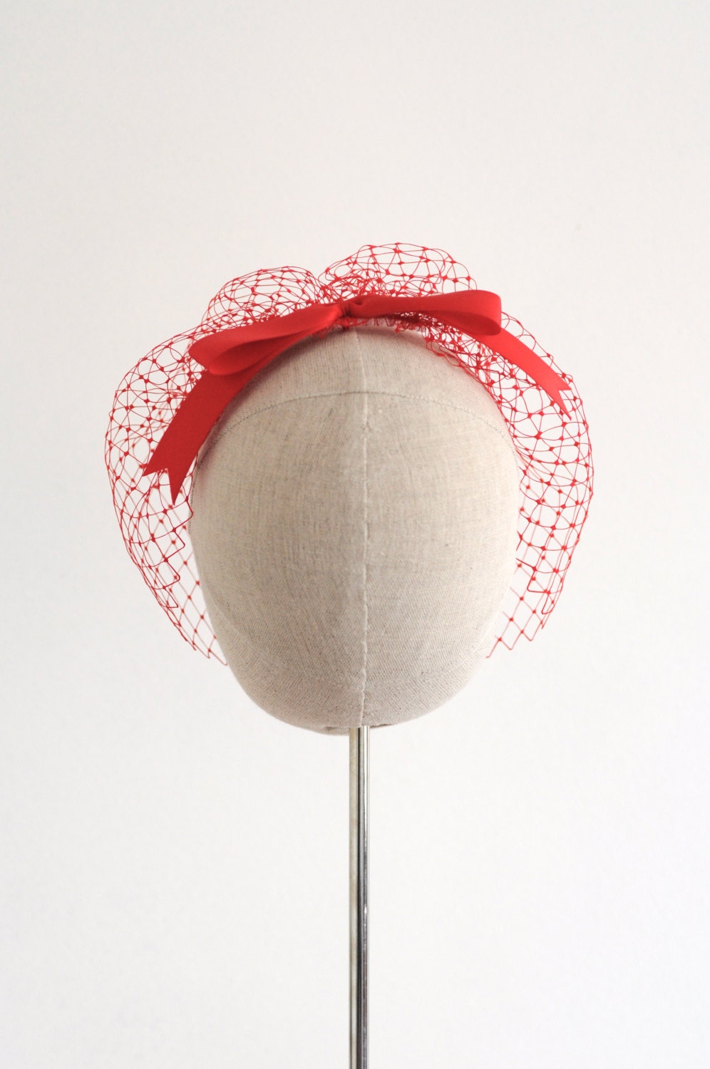 Red Birdcage Veil Vintage 12 Inch English Veiling Bow Back Alternative Blusher Veil