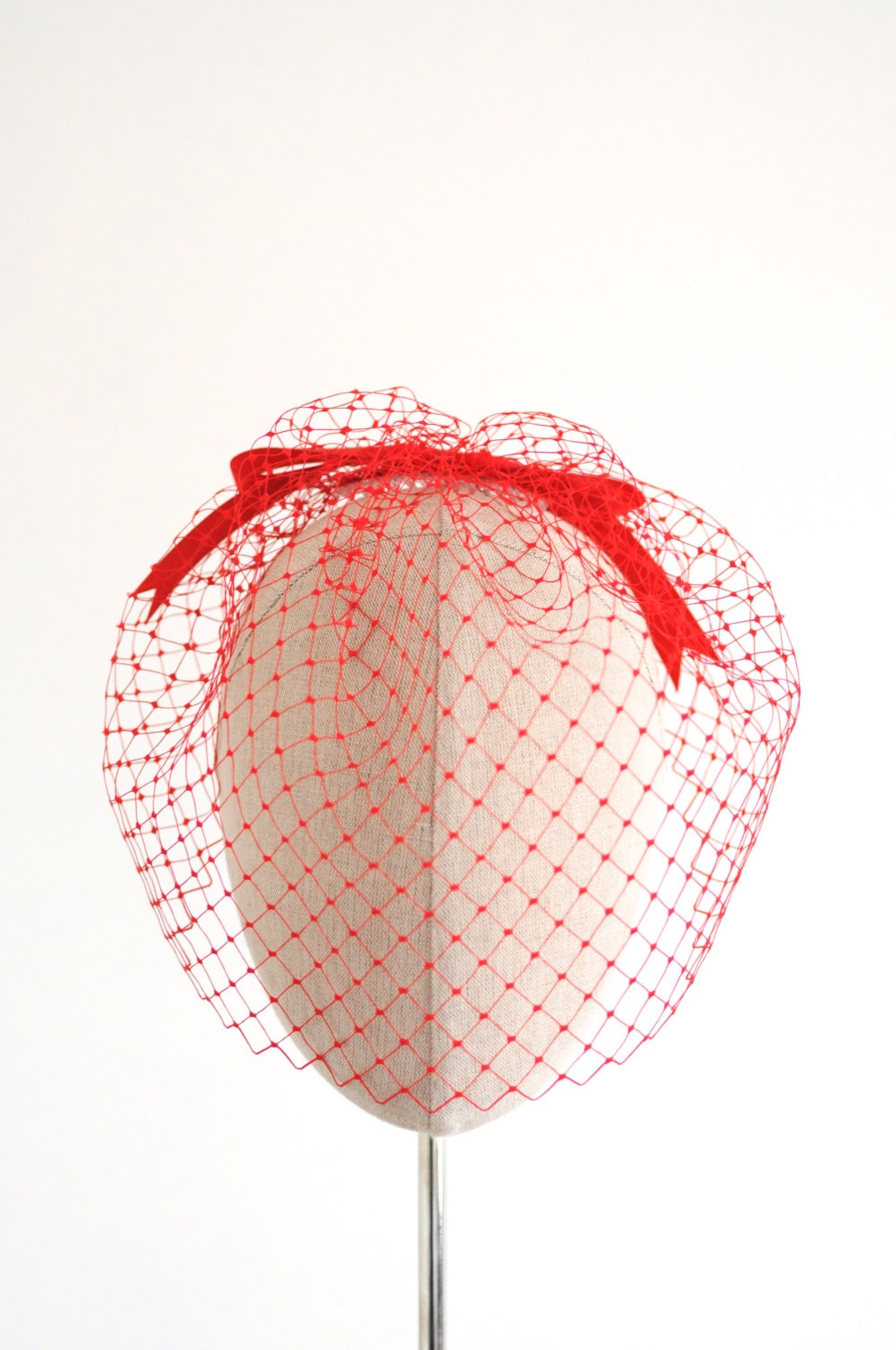 Red Birdcage Veil Vintage 12 Inch English Veiling Bow Back Alternative Blusher Veil