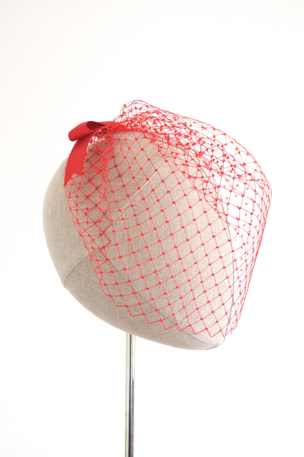 Red Birdcage Veil Vintage 12 Inch English Veiling Bow Back Alternative Blusher Veil