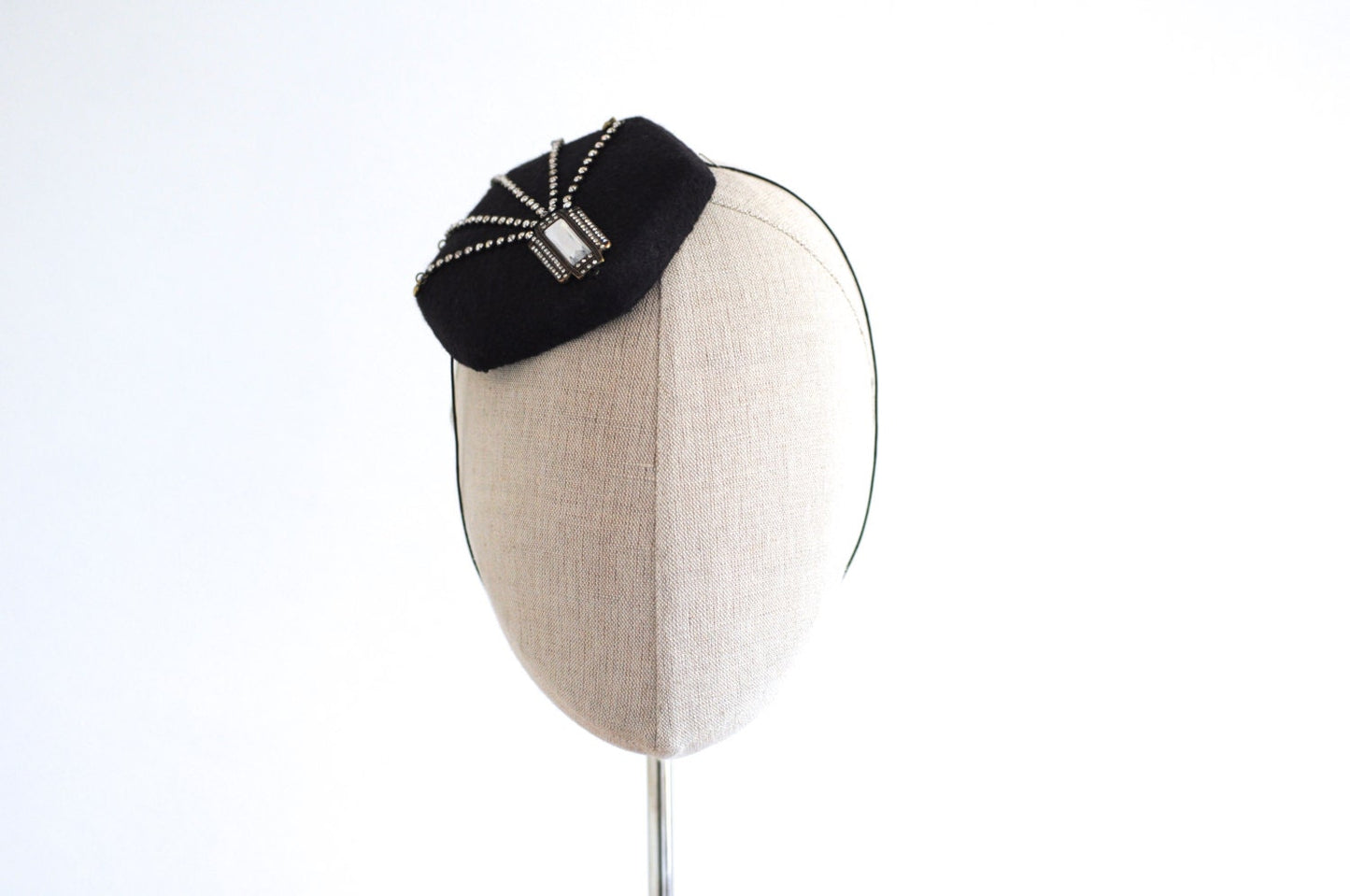 Art Deco Black Cocktail Hat Hexagon Mini Hat Wool Felt Millinery Fascinator