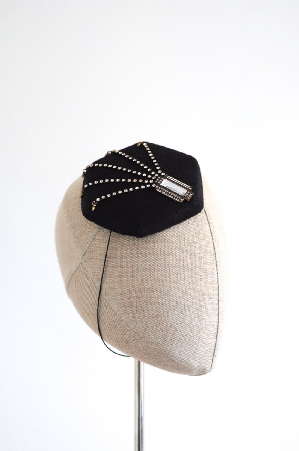 Art Deco Black Cocktail Hat Hexagon Mini Hat Wool Felt Millinery Fascinator