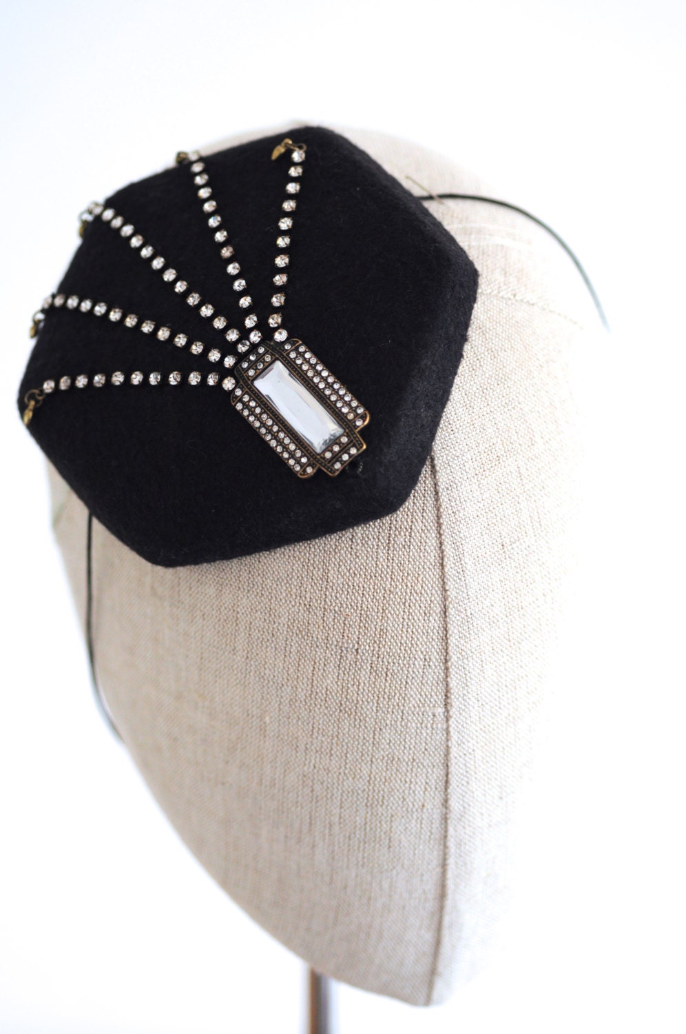Art Deco Black Cocktail Hat Hexagon Mini Hat Wool Felt Millinery Fascinator