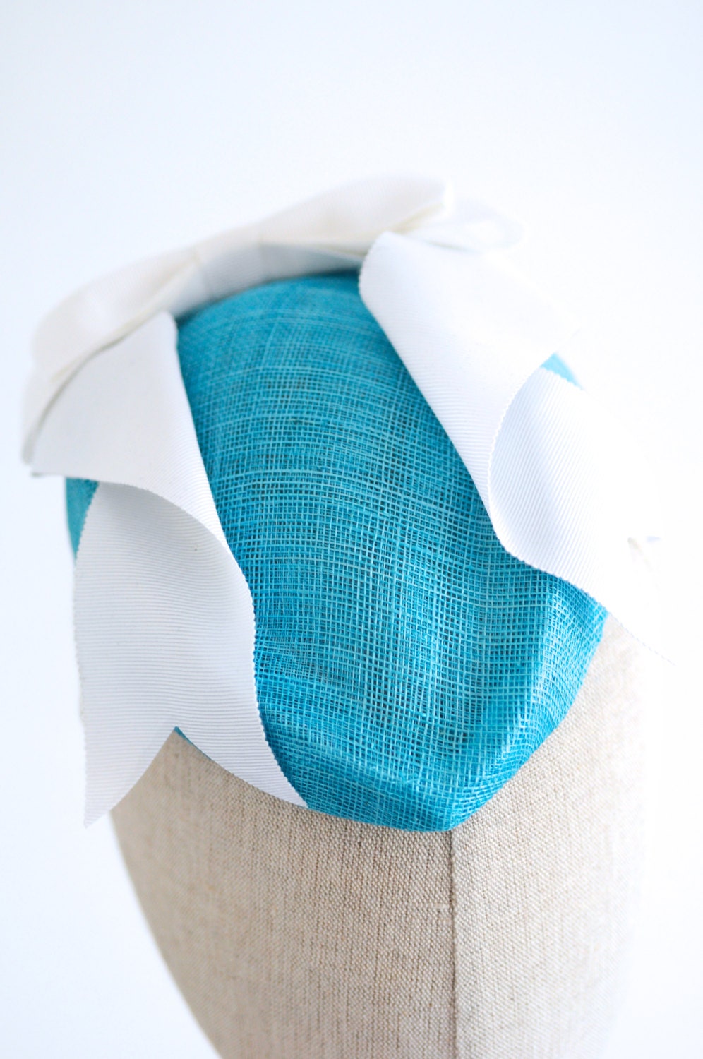 Turquoise Straw Hostess Cocktail Hat White Bow Sinamay Fascinator