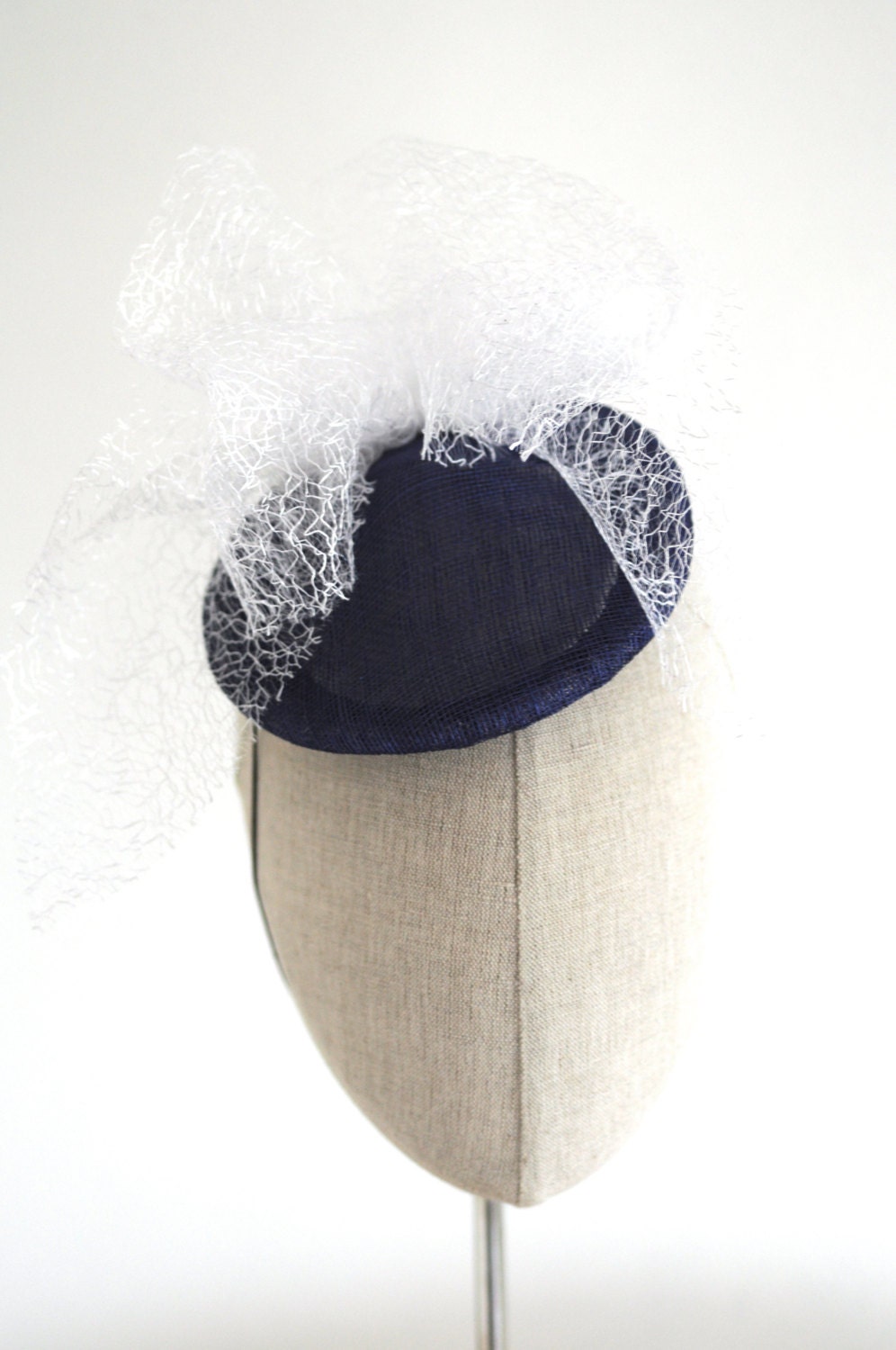 Navy Pyramid Cocktail Hat White Mesh Bow Millinery Fascinator