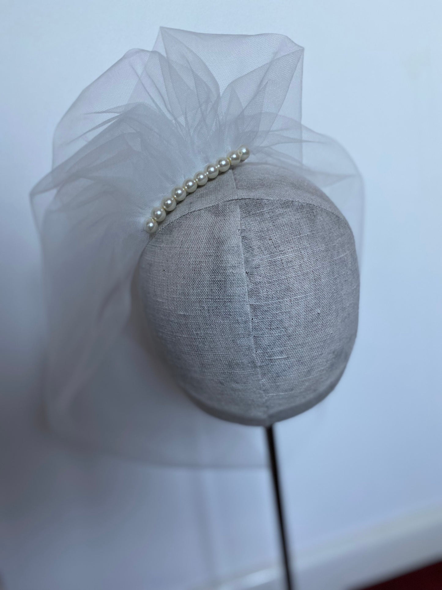 Ivory Illusion Birdcage Veil 18 Inch Tulle Veil Pearl Back Blusher Veil