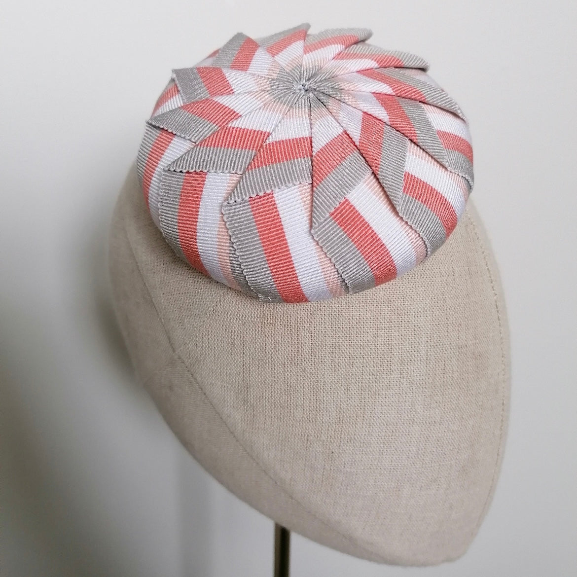 Cockade Pleated Pink and Grey Striped Petersham Cocktail Hat Hand Blocked Mini Hat Millinery Fascinator
