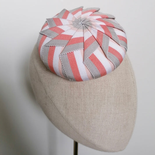 Cockade Pleated Pink and Grey Striped Petersham Cocktail Hat Hand Blocked Mini Hat Millinery Fascinator