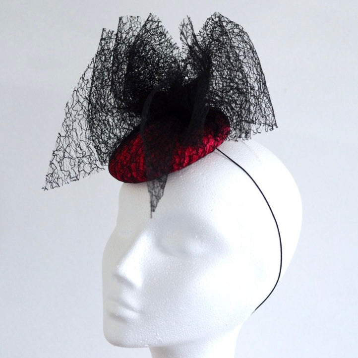 Pink Cocktail Hat Black Mesh Triple Bow Millinery Fascinator