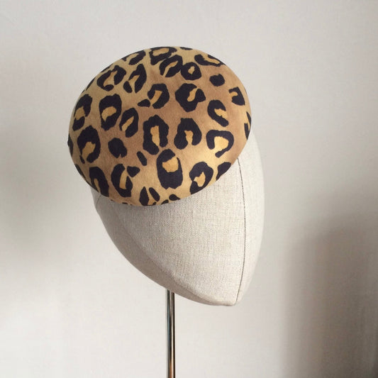 Leopard Print Cocktail Hat Hand Blocked Faux Suede Mini Pillbox Hat Fascinator