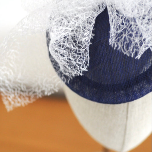 Navy Pyramid Cocktail Hat White Mesh Bow Millinery Fascinator
