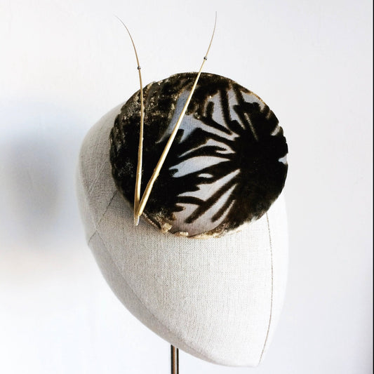 Gold Silk Devore Burnt Out Velvet Cocktail Hat Hand Blocked Mini Pillbox Hat Fascinator