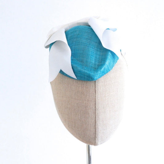 Turquoise Straw Hostess Cocktail Hat White Bow Sinamay Fascinator
