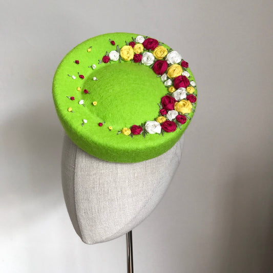 Green Wool Cocktail Hat Silk Rose Raked Pork Pie Fascinator