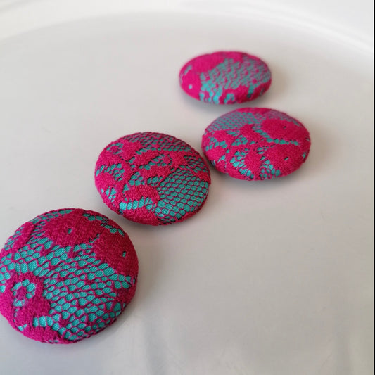 Turquoise Blue and Hot Pink Buttons Silk with Lace Overlay