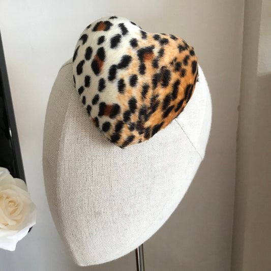 Mini Leopard Print Heart Cocktail Hat Faux Fur Millinery Fascinator