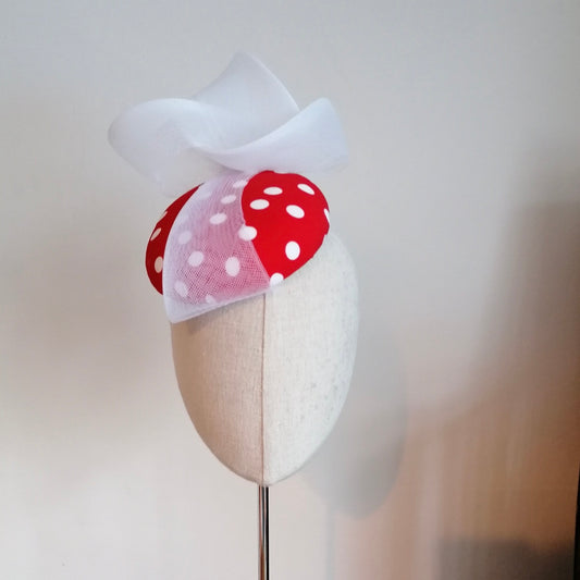Red and White Spot Cocktail Hat Hand Blocked Mini Hat White Crin Swirl Millinery