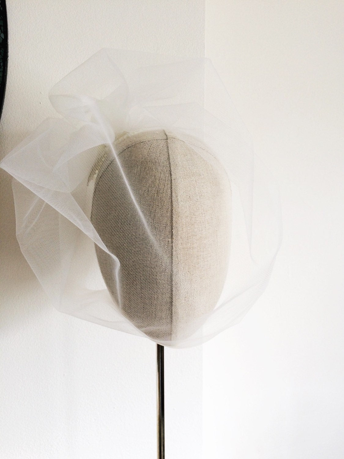 Ivory Illusion Birdcage Veil 18 Inch Tulle Veil Pearl Back Blusher Veil