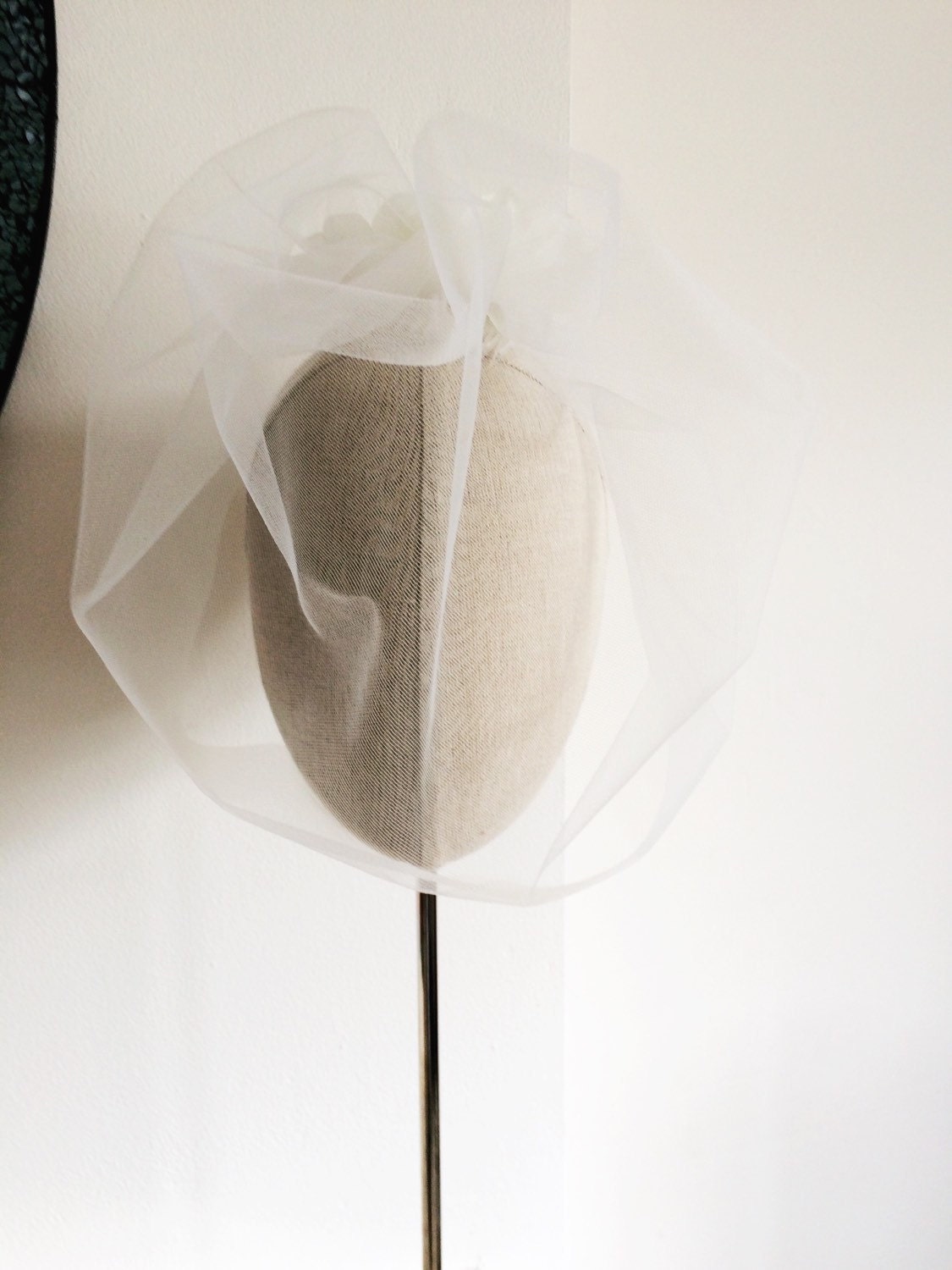 Ivory Illusion Birdcage Veil 18 Inch Tulle Veil Pearl Back Blusher Veil