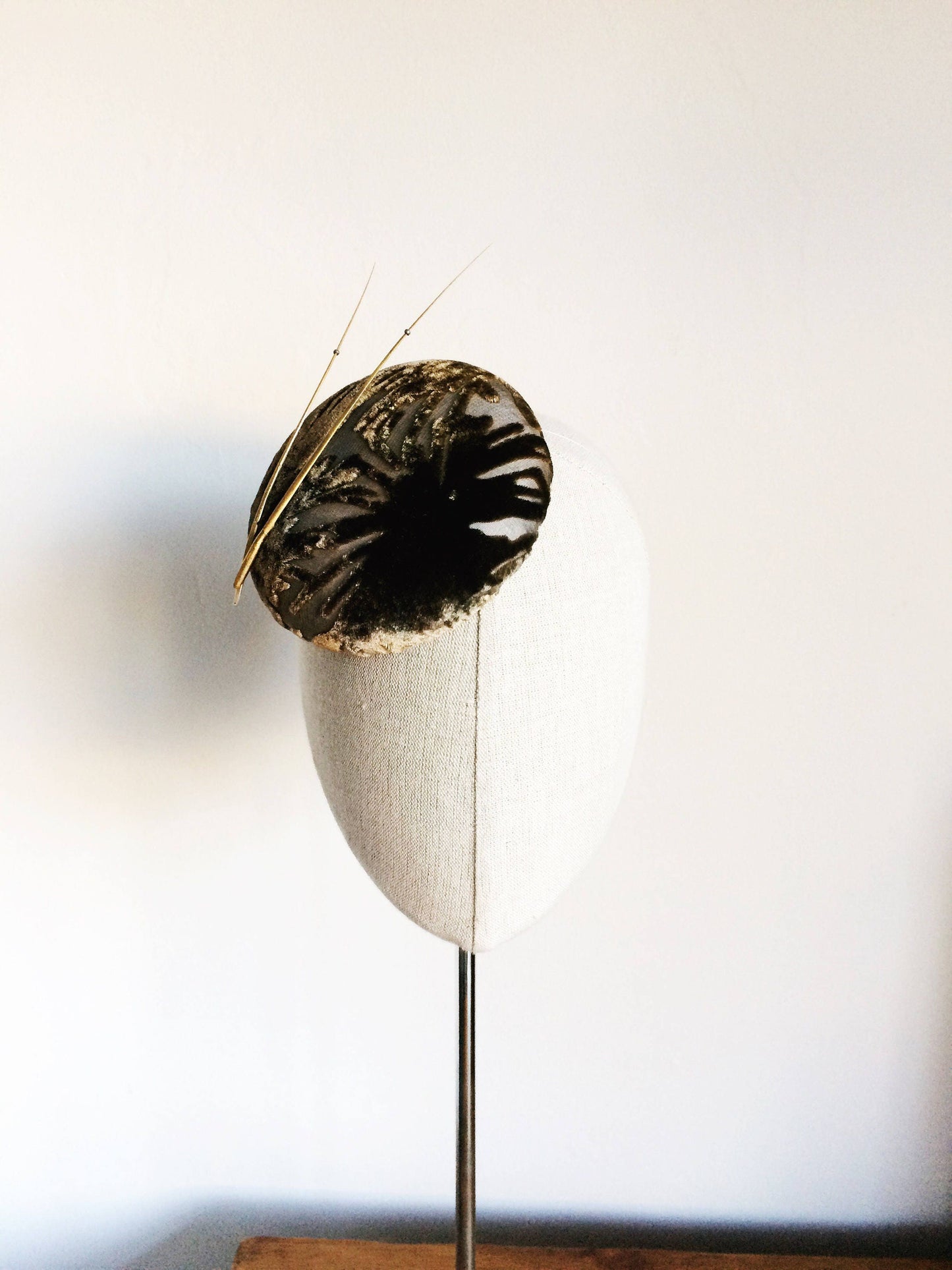 Gold Silk Devore Burnt Out Velvet Cocktail Hat Hand Blocked Mini Pillbox Hat Fascinator