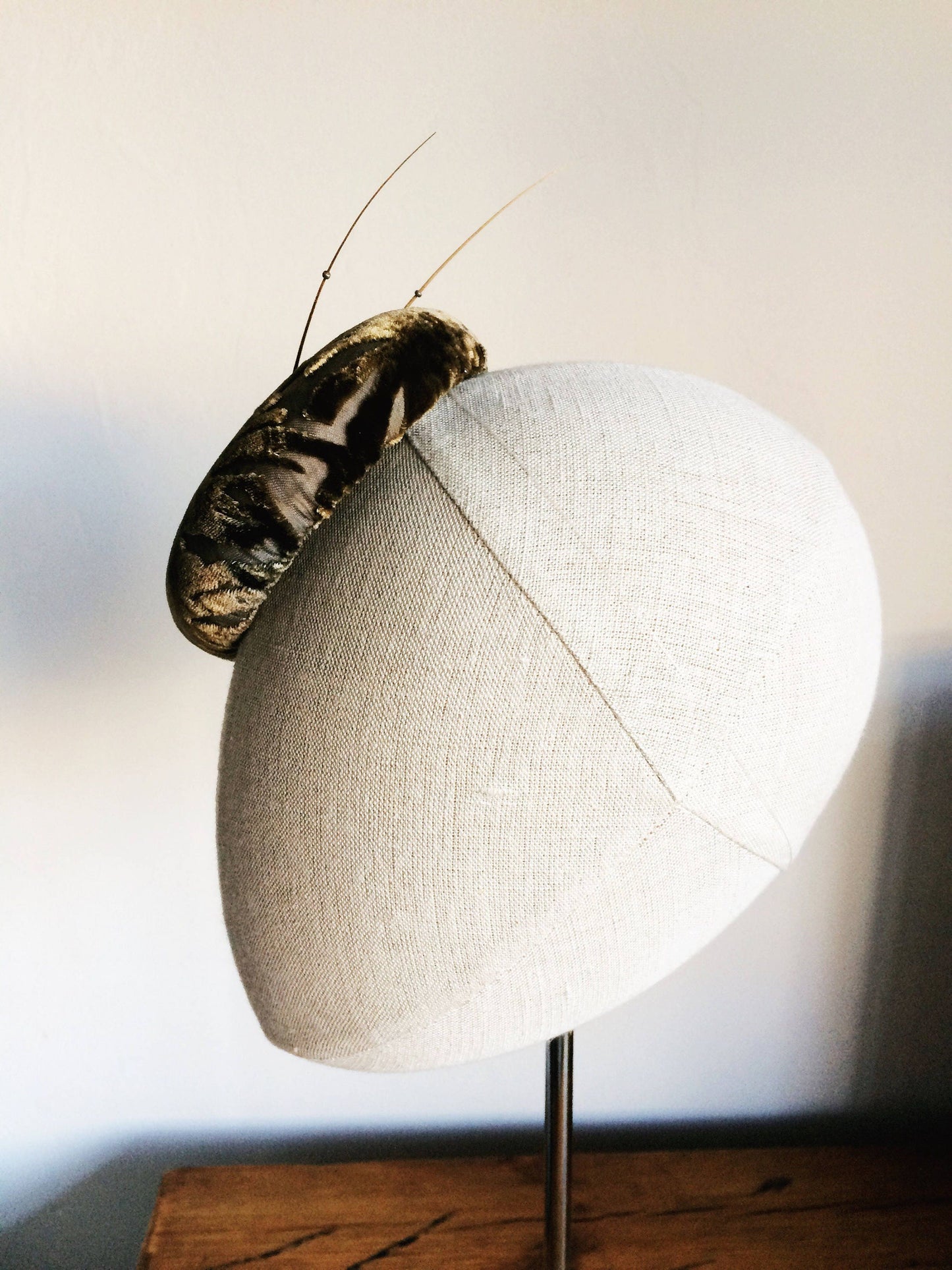 Gold Silk Devore Burnt Out Velvet Cocktail Hat Hand Blocked Mini Pillbox Hat Fascinator
