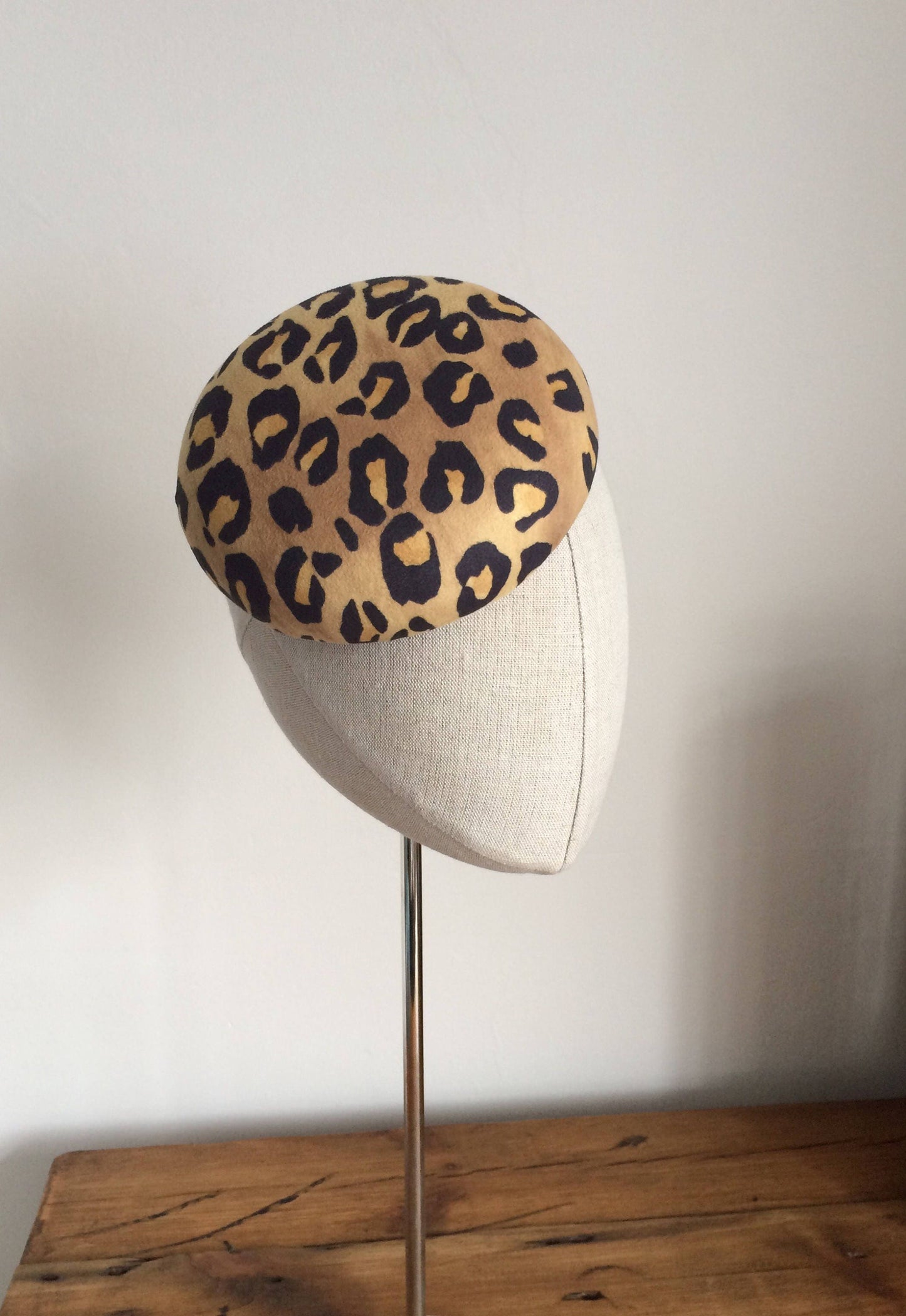 Leopard Print Cocktail Hat Hand Blocked Faux Suede Mini Pillbox Hat Fascinator