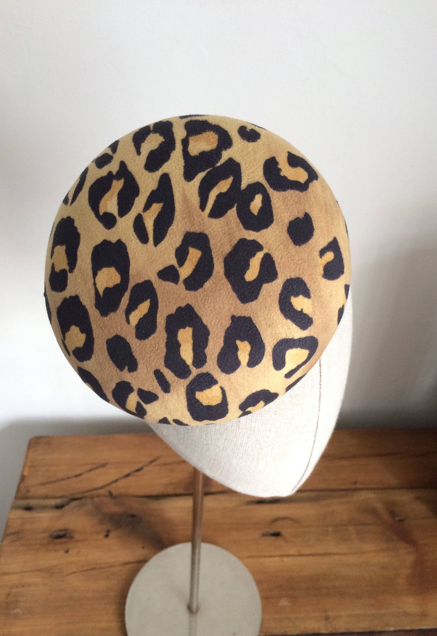 Leopard Print Cocktail Hat Hand Blocked Faux Suede Mini Pillbox Hat Fascinator