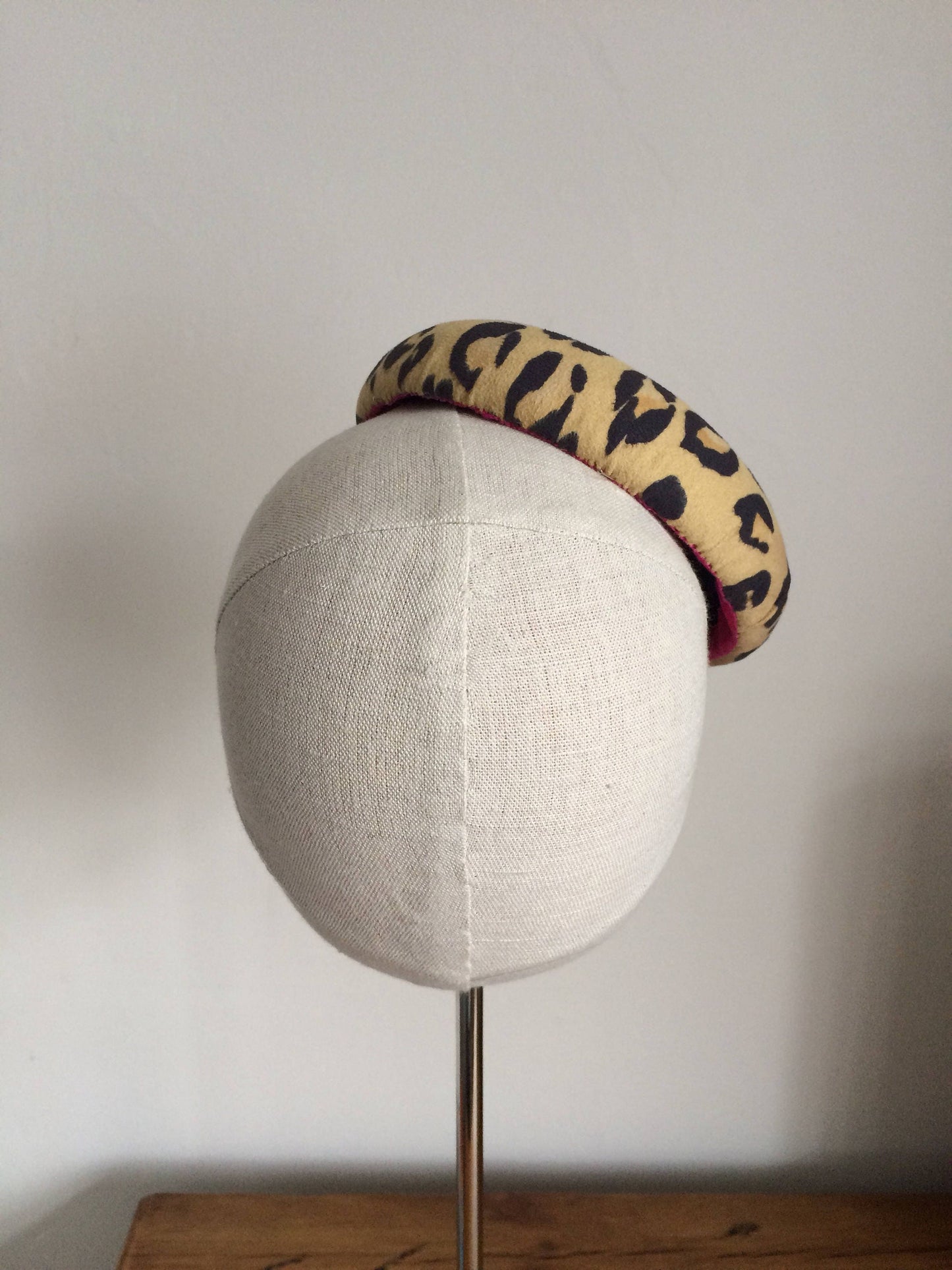Leopard Print Cocktail Hat Hand Blocked Faux Suede Mini Pillbox Hat Fascinator